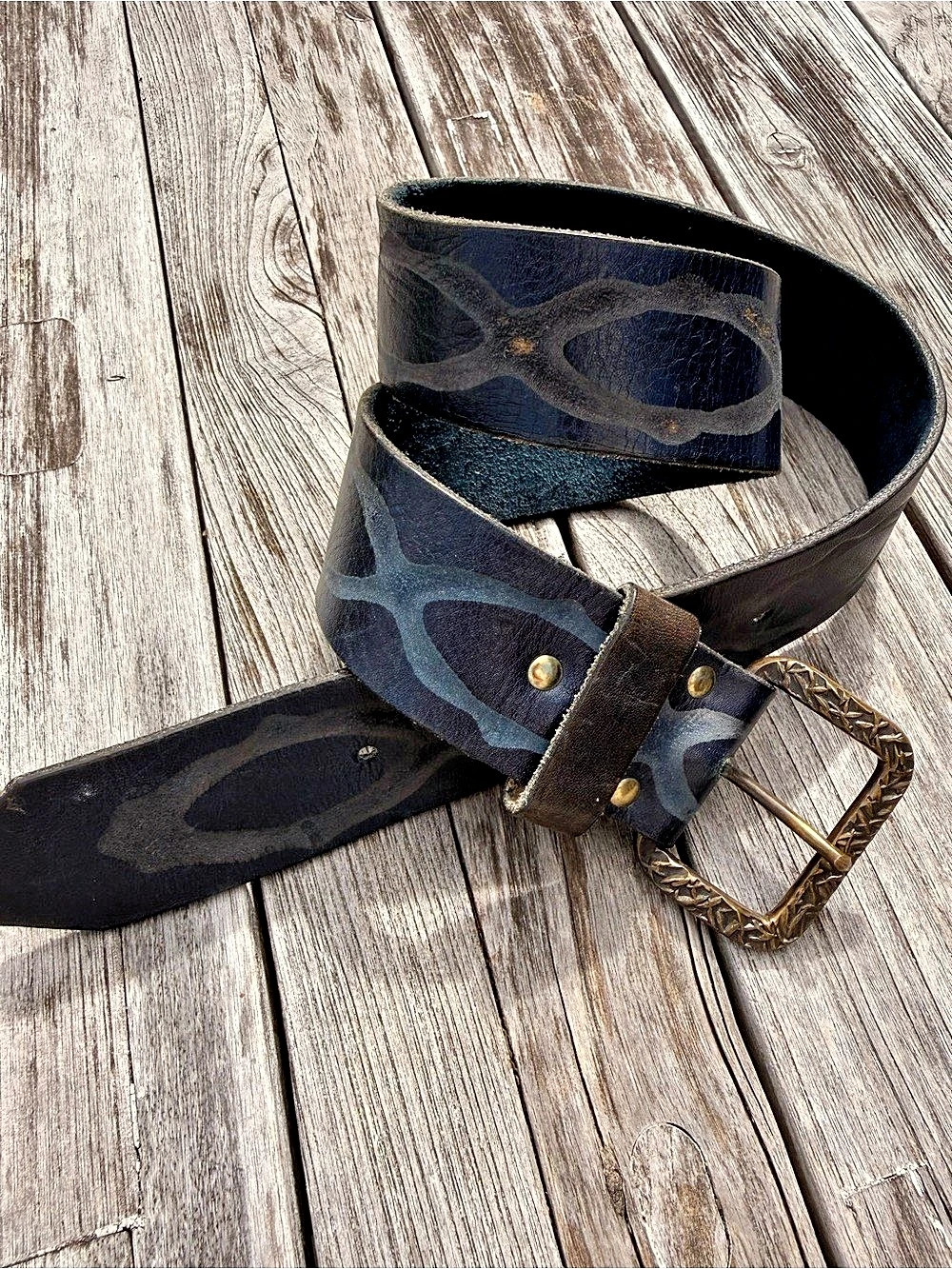 Vintage Blue Patterned Leather Belt with Brass Buckle